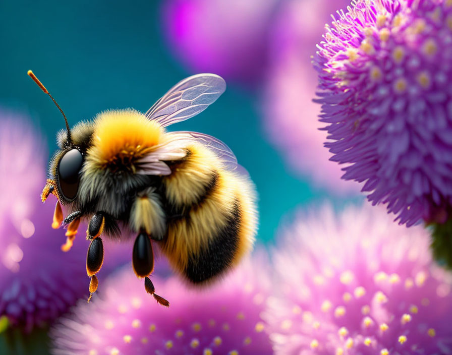 Bumblebee with pollen baskets near pink flowers on teal background