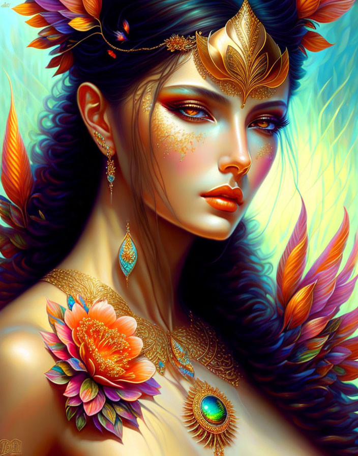 Blue-skinned woman portrait with ornate gold headdress and vibrant colors