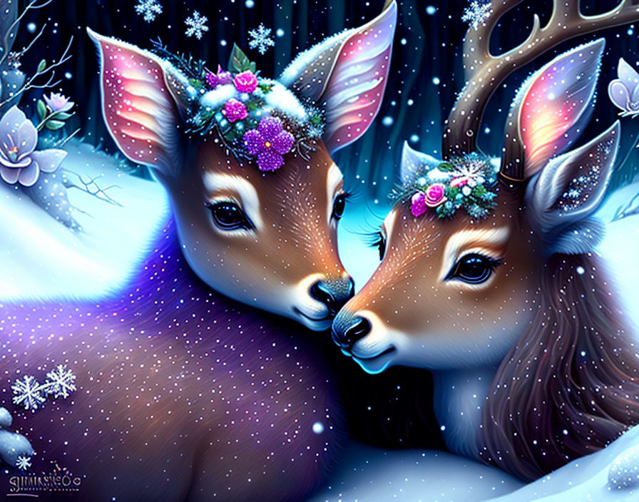 Illustrated Deer with Sparkling Antlers in Snowy Night Scene