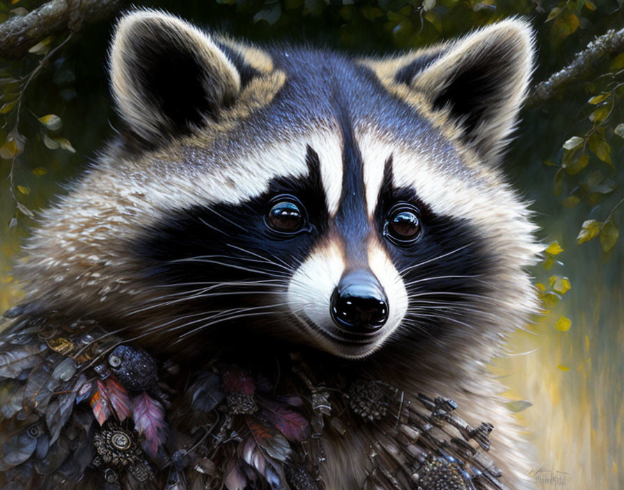 Detailed digital painting of raccoon face with fur textures and expressive eyes in forest setting