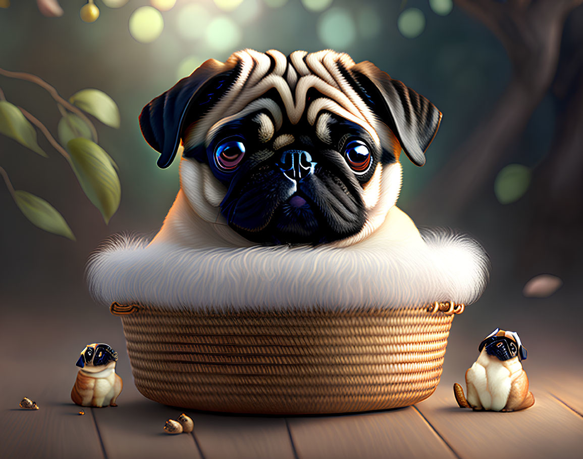 Charming pug illustration in forest setting with toy-like figures