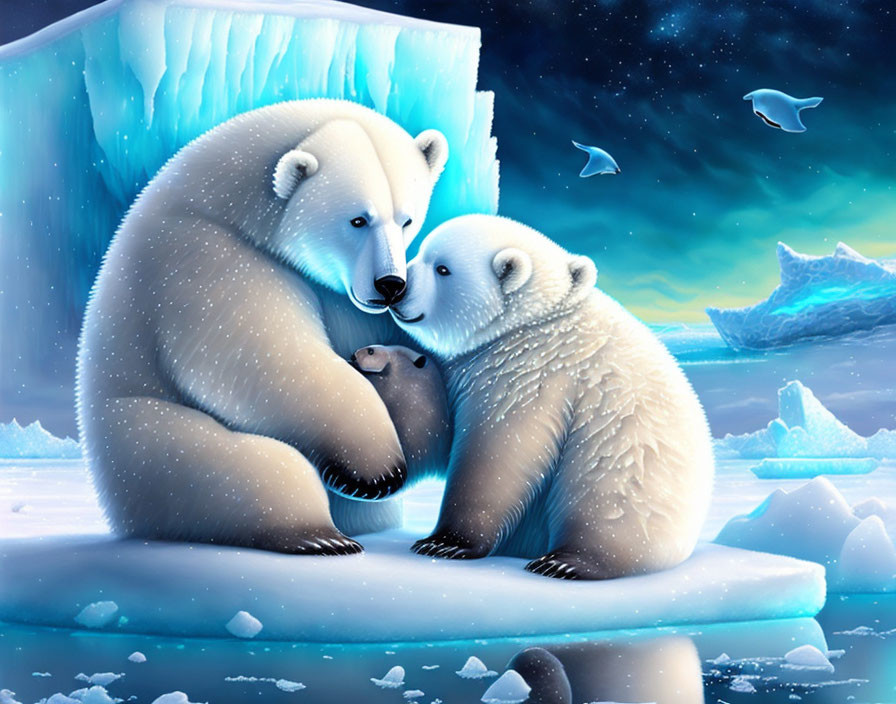 Polar bears embracing on ice floe under starry night sky