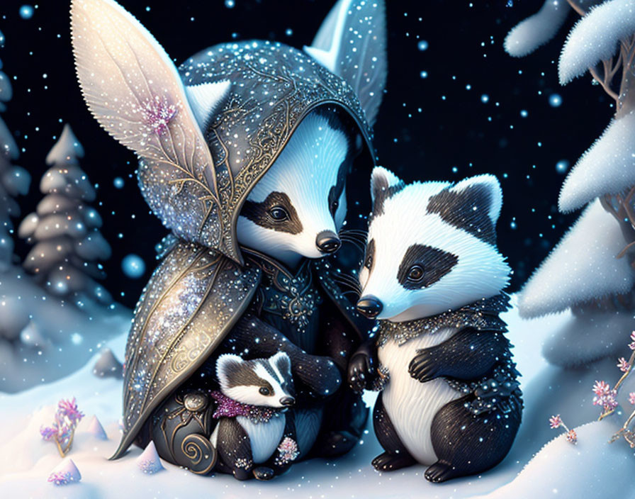 Fantasy-themed cartoon badgers under starry night sky