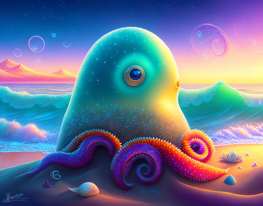 Colorful surreal octopus illustration in whimsical ocean landscape