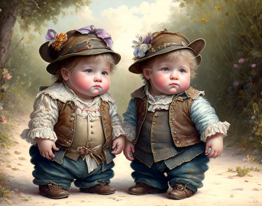 Vintage Attired Cherubic Toddlers Holding Hands in Dreamlike Setting