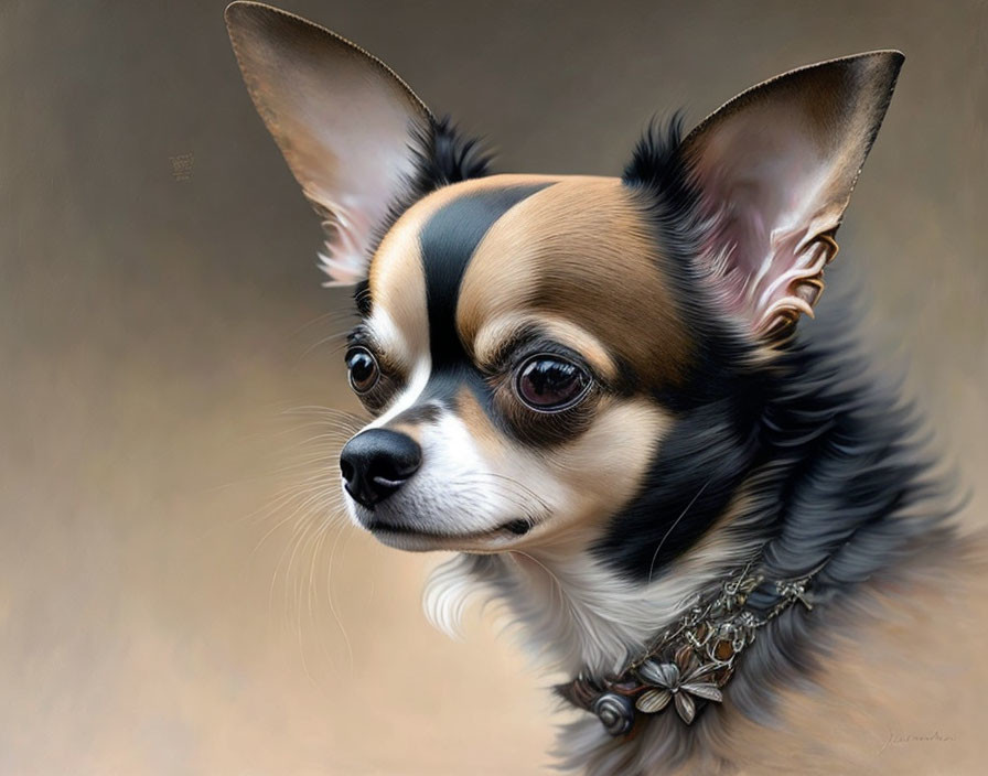 Detailed digital painting of Chihuahua with expressive eyes and studded collar on brown background