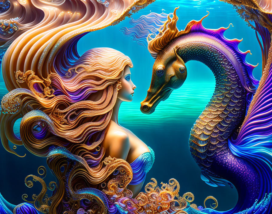 Colorful digital artwork: woman with flowing hair meets seahorse in intricate patterns underwater.