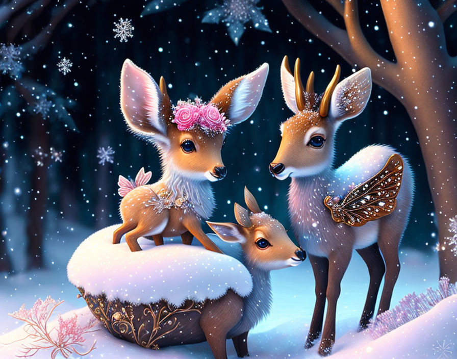 Three animated deer in whimsical winter scene with falling snowflakes and starry background