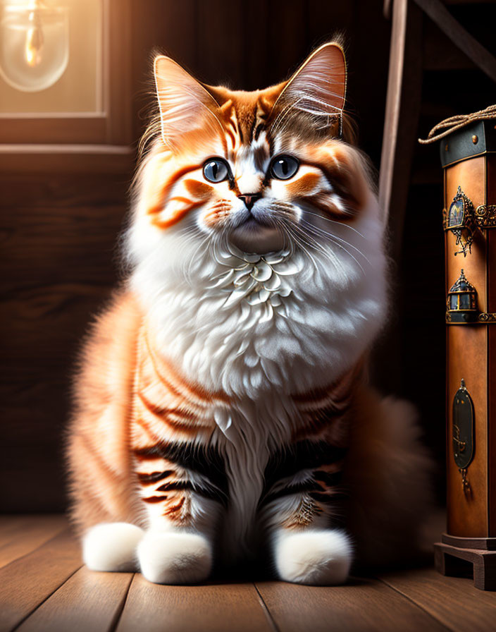 Fluffy orange and white cat with blue eyes next to vintage lantern