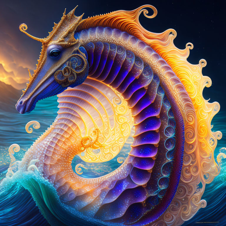 Colorful seahorse with intricate patterns in glowing mane on sunset ocean.