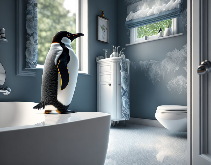 Penguin next to bathtub in blue bathroom with window, cabinet, and toilet