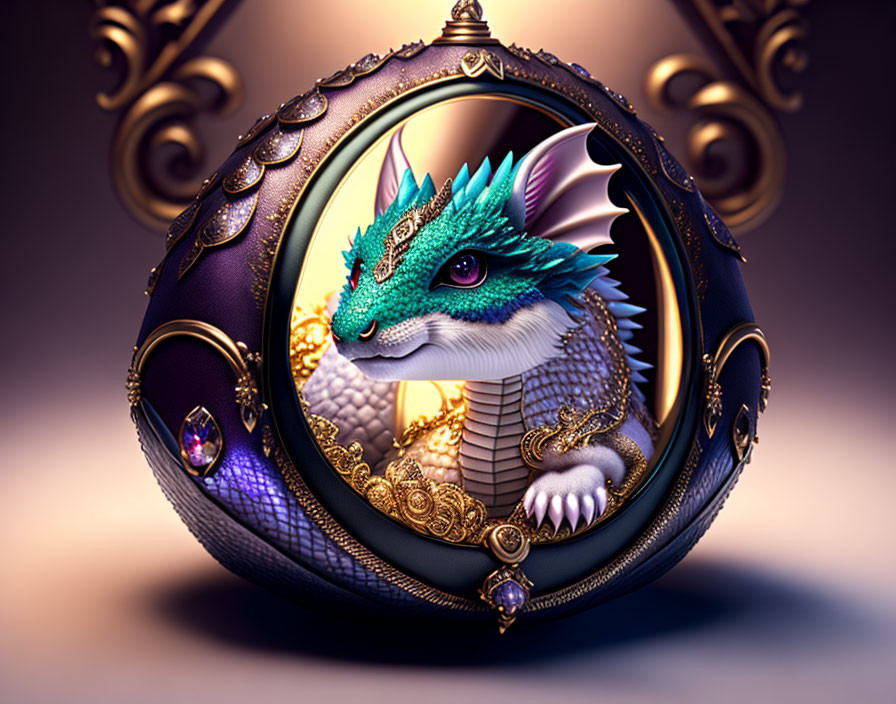 Blue dragon with white spikes in ornate golden & purple locket with jewels