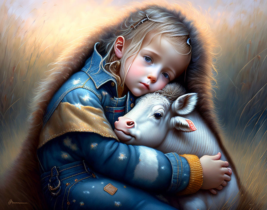 Young child in fur-lined coat embracing calf in warm, golden setting