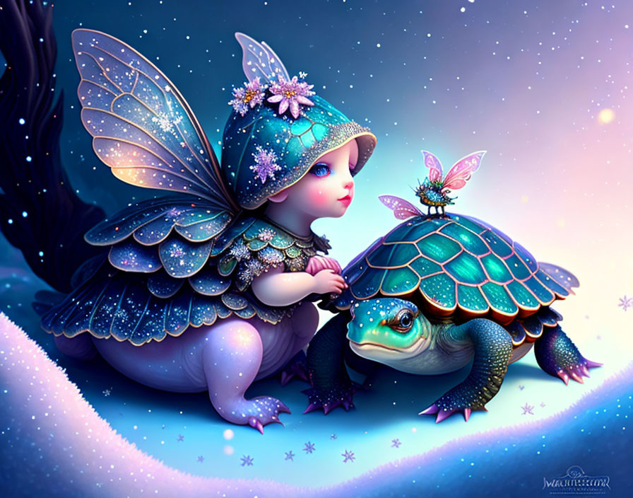 Illustration of fairy and turtle in magical night scene