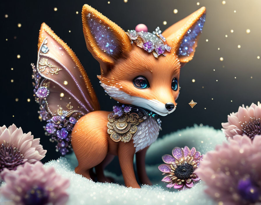 Hybrid creature with fox body, butterfly wings, jewels, flowers, and snowflakes