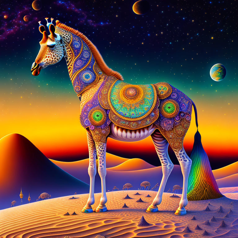 Colorful surreal illustration of patterned giraffe with sand dunes, starry night sky, and