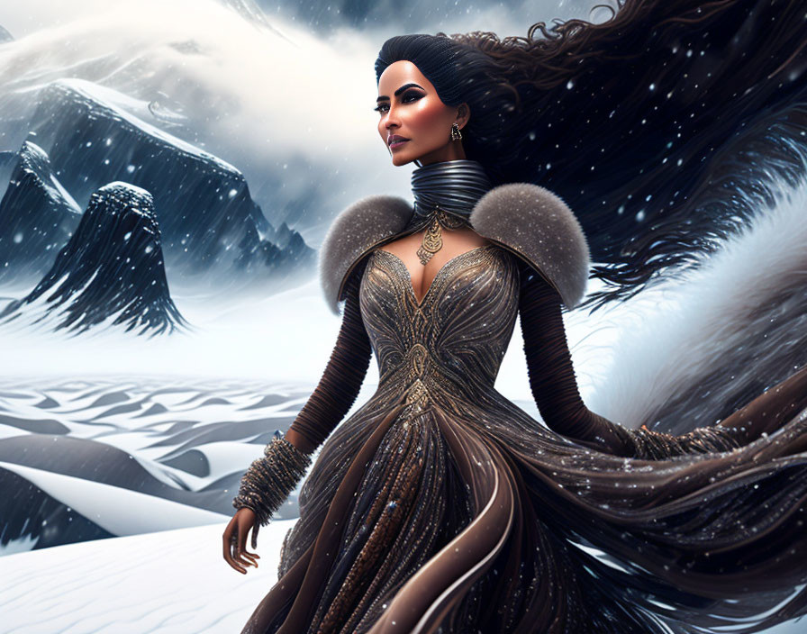 3D-rendered woman in elegant gown against snowy mountain landscape