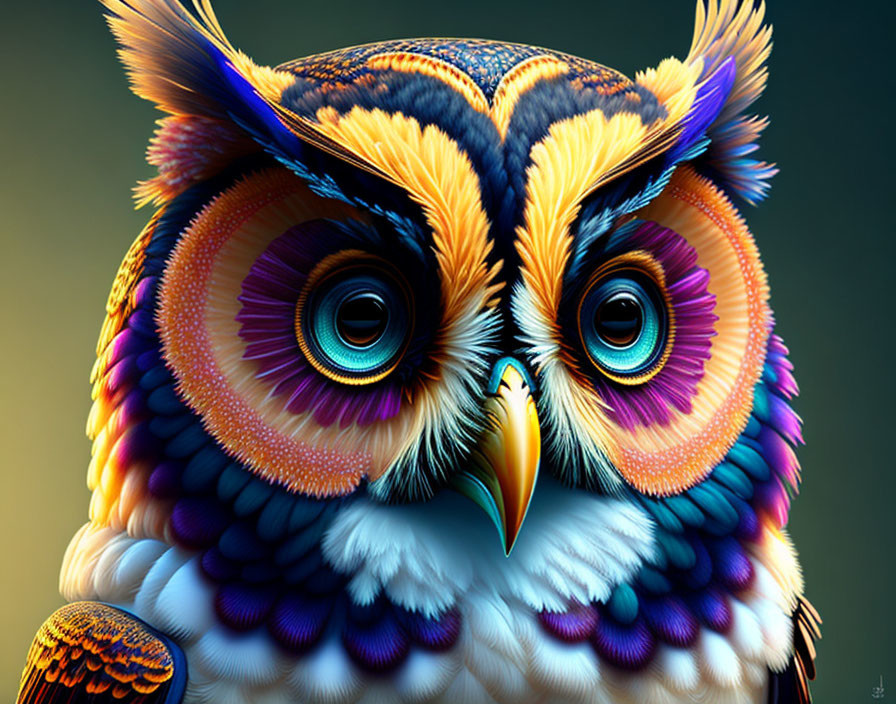 Colorful digitally created owl with intricate blue, orange, and purple patterns