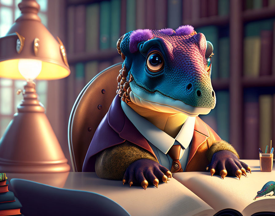 Anthropomorphic gecko in suit at desk with books and writing tools