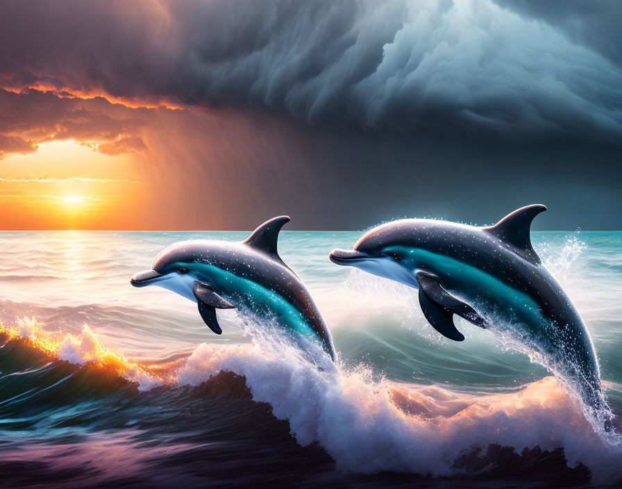 Dolphins leaping from ocean waves at sunset with storm clouds.