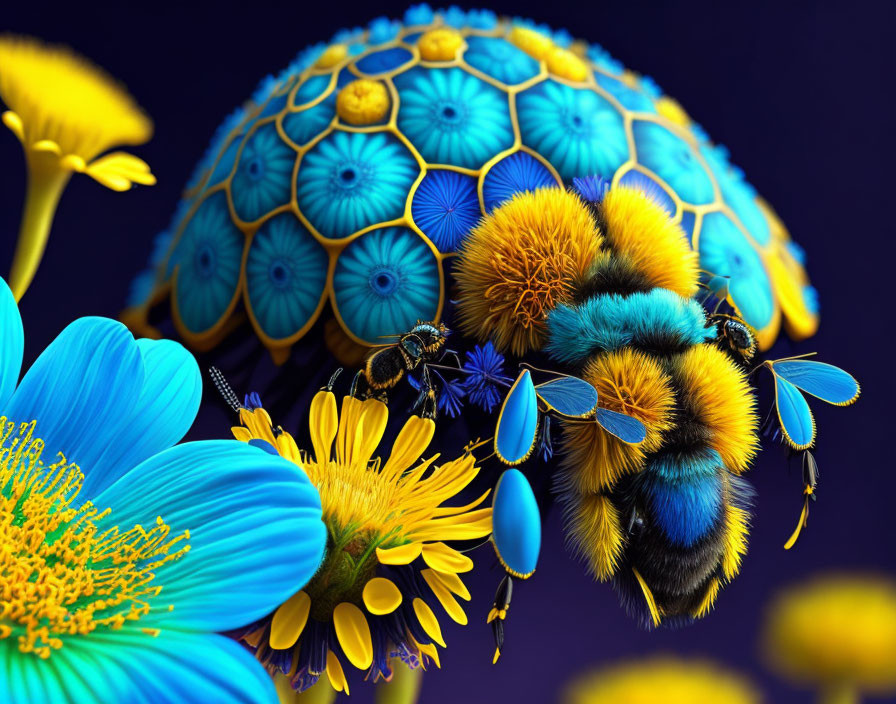 Digitally enhanced image of a bee collecting nectar from patterned flowers