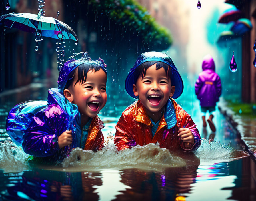 Children in raincoats and hats laughing and splashing in urban rain.