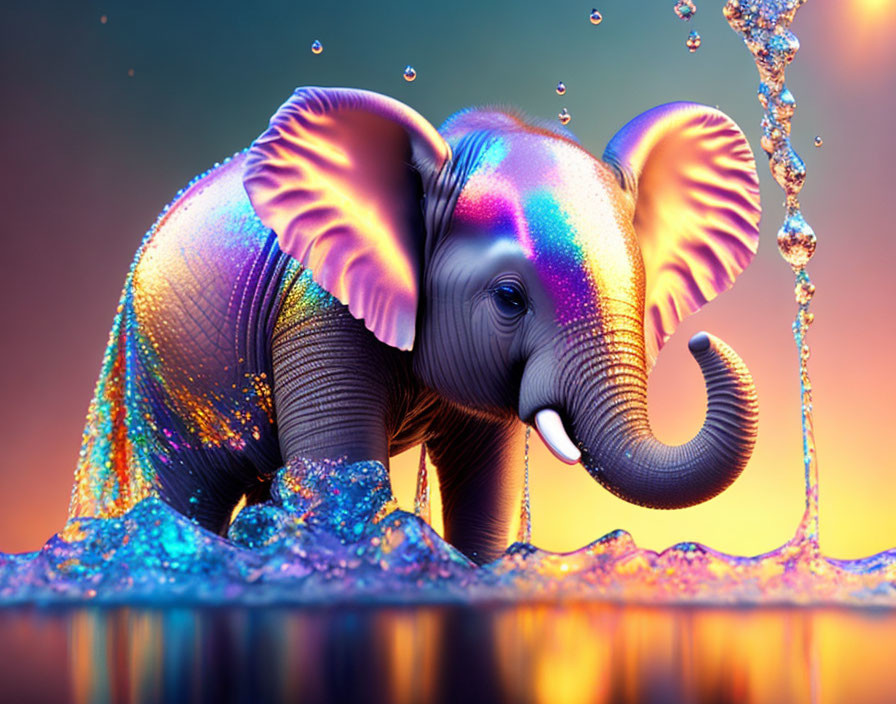 Vibrant digitally enhanced elephant with iridescent skin near glittering water