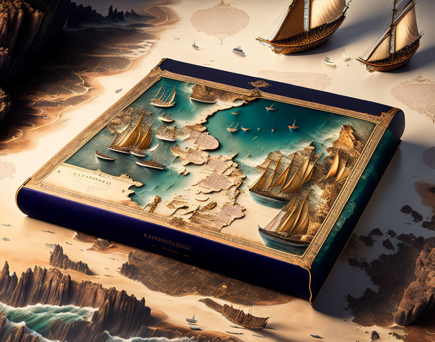 Detailed 3D illustration of book with ocean map and sailing ships on sandy background