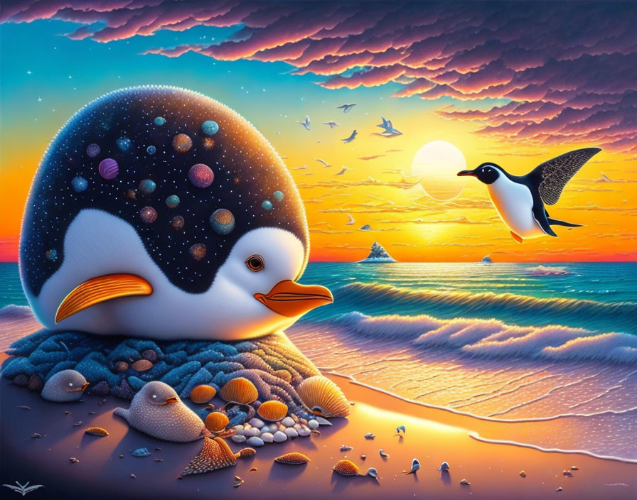 Surreal illustration of round galaxy penguin on beach at sunset