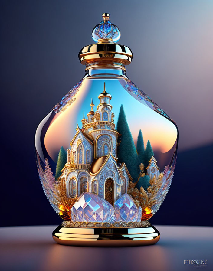 Intricate Church and Forest Motif Perfume Bottle with Jewels on Blue Gradient Background