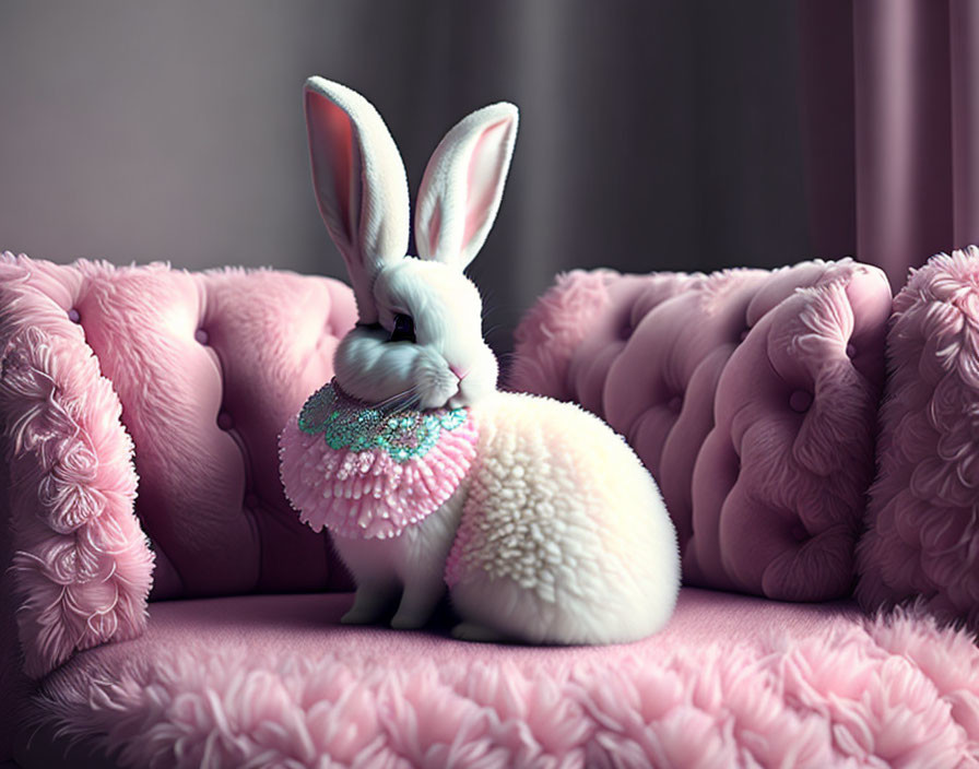 Fluffy white rabbit with bow tie on pink velvet couch