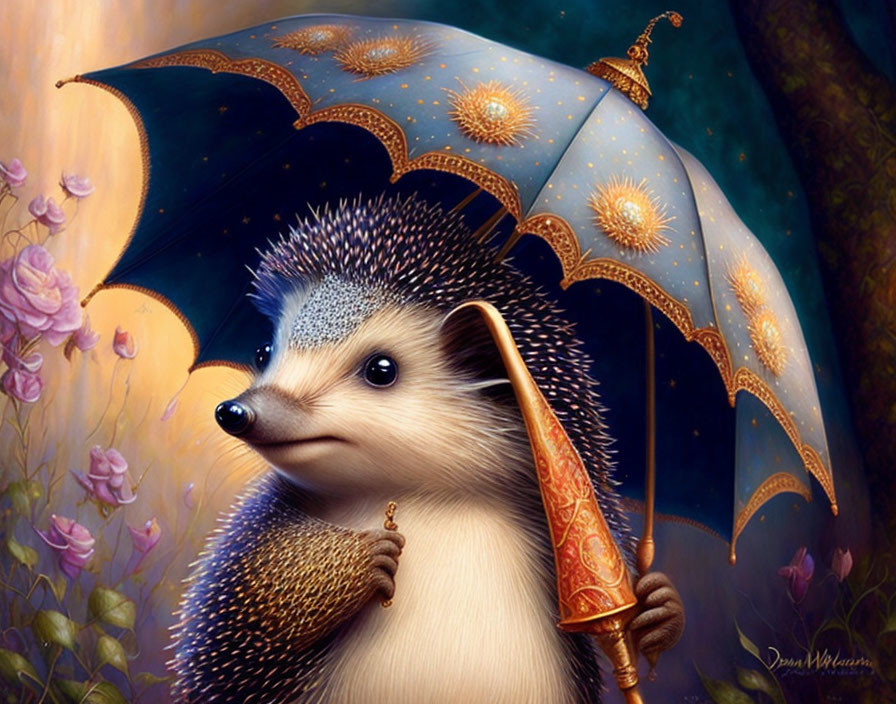 Illustration of cute hedgehog with golden umbrella in magical flower garden