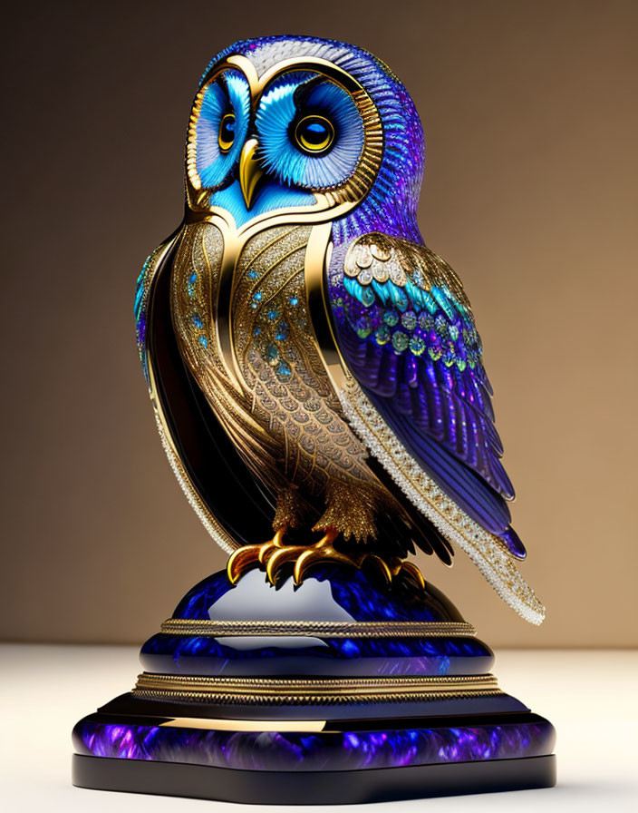 Colorful Owl Sculpture with Intricate Patterns and Jewel Tones on Pedestal