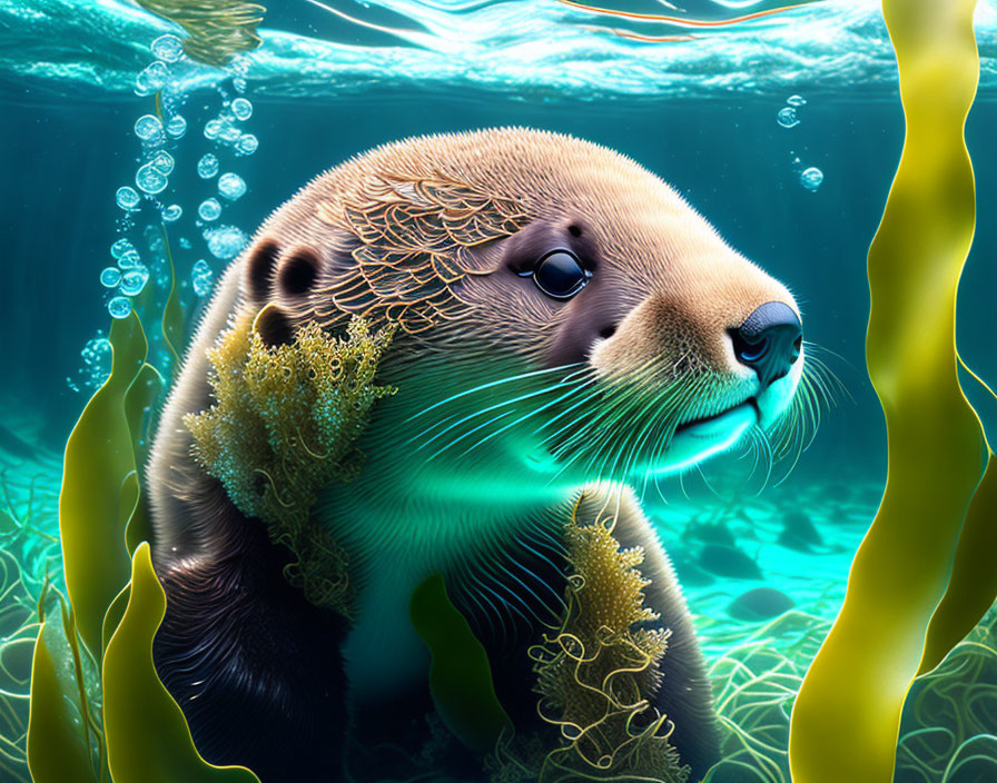 Illustrated sea otter peacefully floats in underwater kelp with bubbles and soft light.