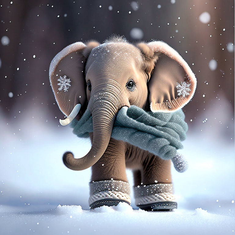 Adorable baby elephant in scarf and snow boots in snowfall