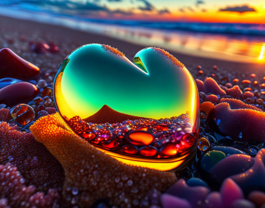 Glass heart on pebbly beach at sunset with water droplets reflecting sky colors