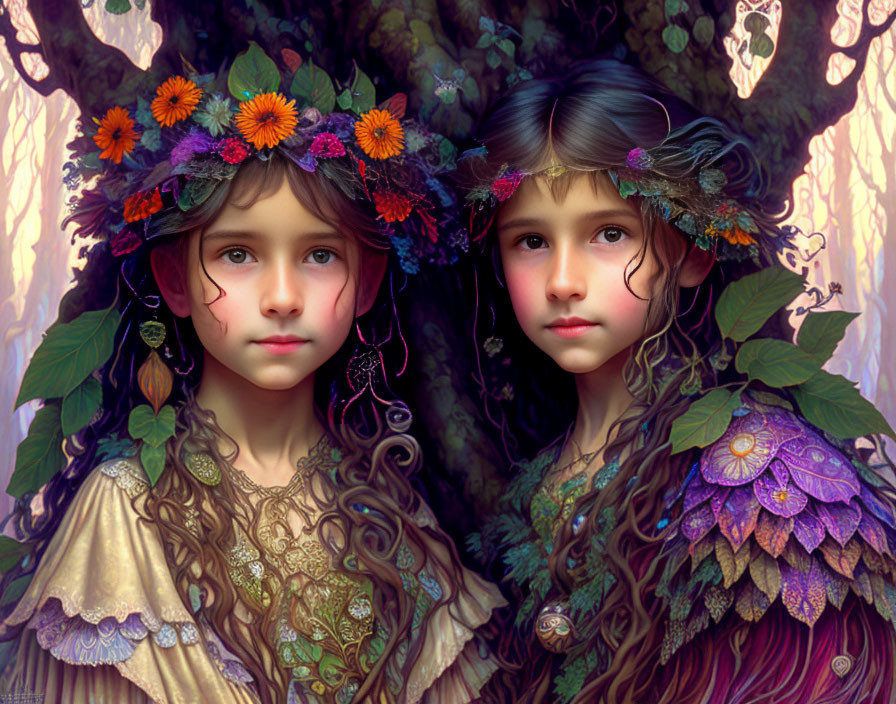 Two girls in floral crowns and ornate leaf and feather dresses by enchanted tree