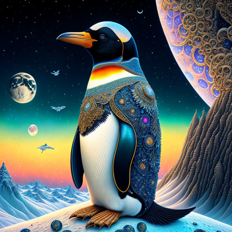 Colorful Ornate Penguin in Fantastical Landscape with Mountains and Moons