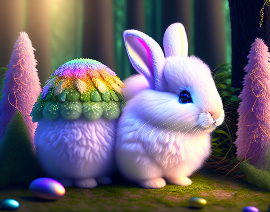 Whimsical white rabbit with colorful eggshell in enchanted forest