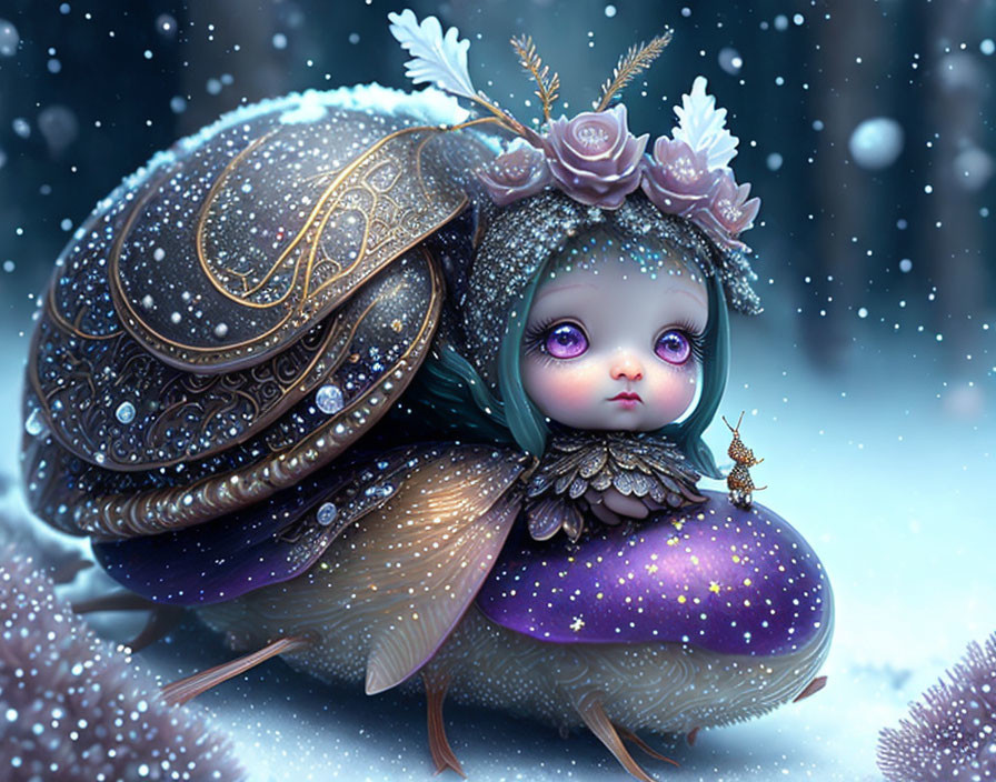 Whimsical character blending snail and butterfly features in snowy landscape