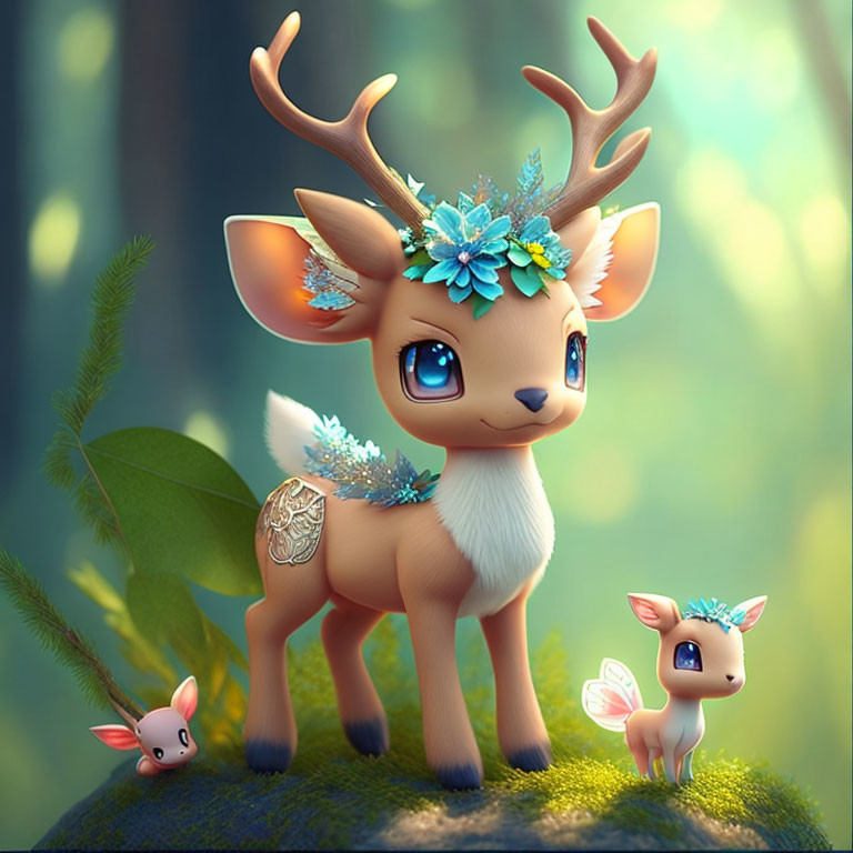 Whimsical deer with turquoise flower antlers in enchanted forest