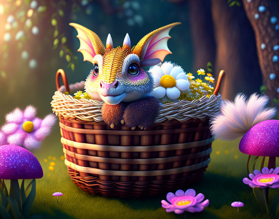 Whimsical dragon in wicker basket with flowers and mushrooms