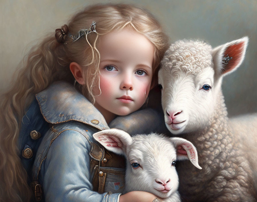 Realistic digital painting of young girl with two lambs in soft textures and warm colors