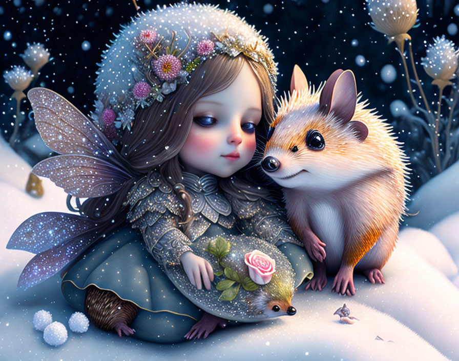 Illustration of fairy girl, hedgehog, and mouse in snowy landscape