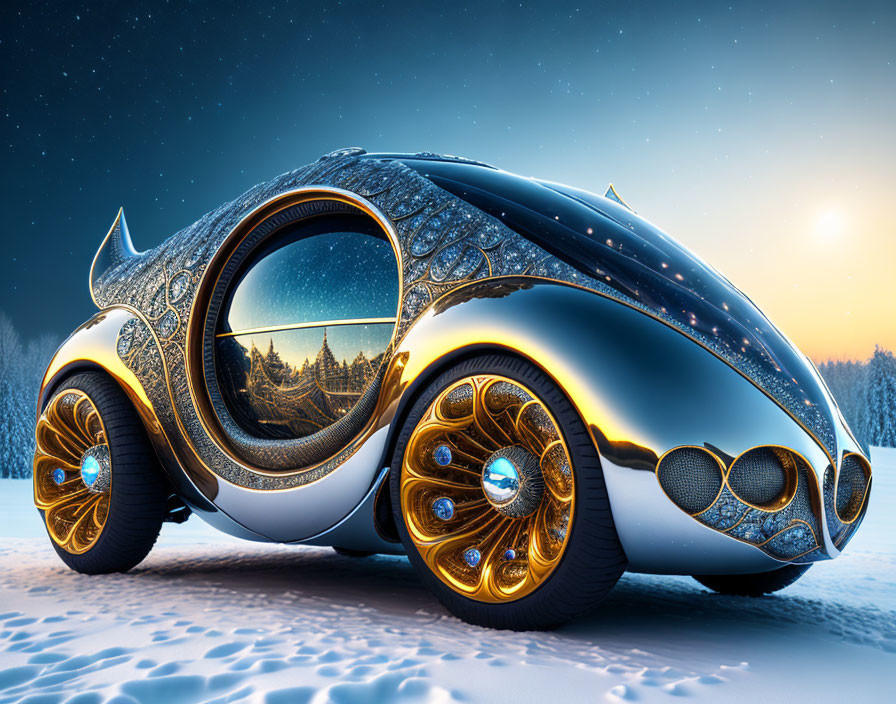 Ornate Futuristic Vehicle Parked in Snowy Landscape