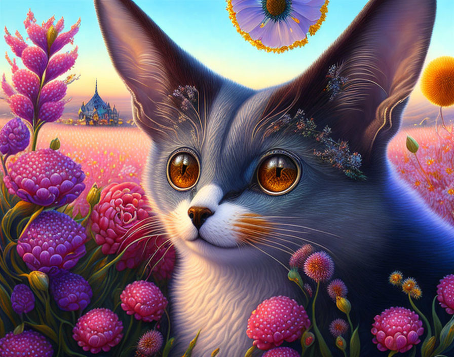 Colorful whimsical cat illustration in fantastical landscape