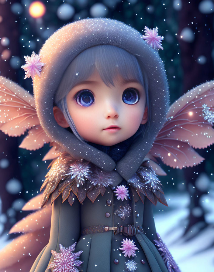 Animated fairy in winter cloak with snowflakes on snowy background