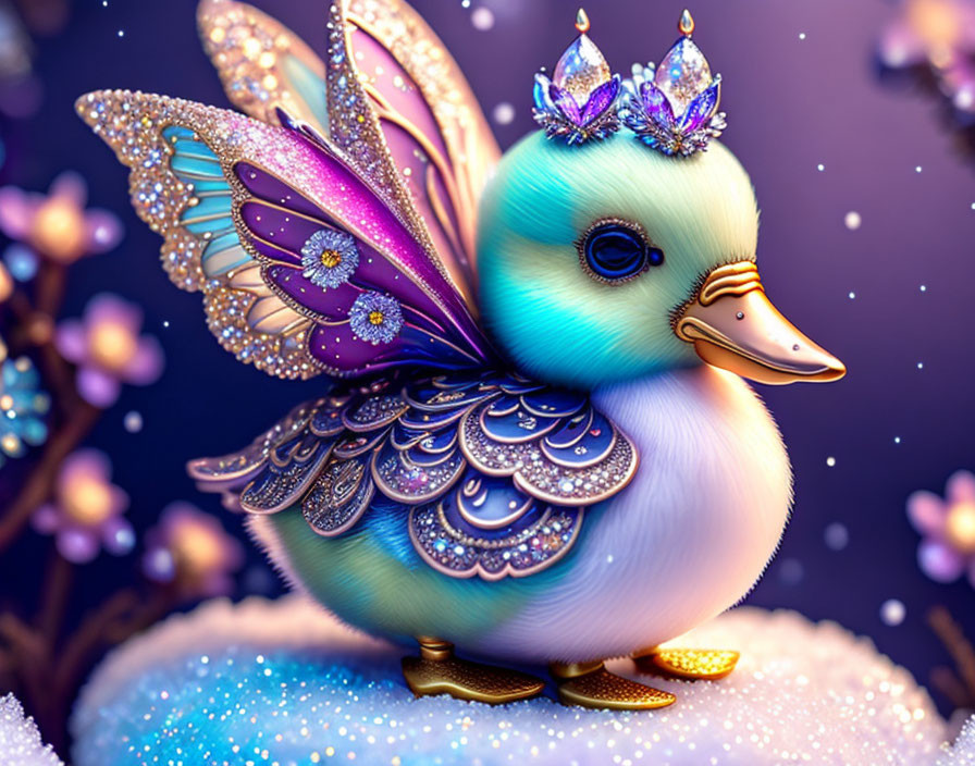 Whimsical duckling with jeweled wings and crown on floral background