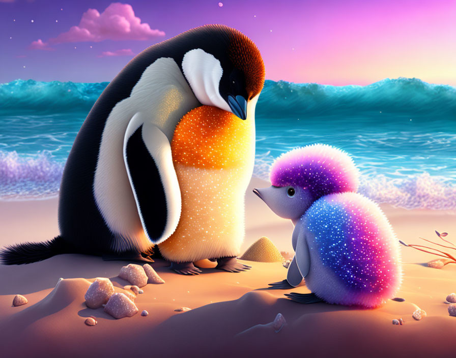 Adult and baby penguins on beach under twilight sky