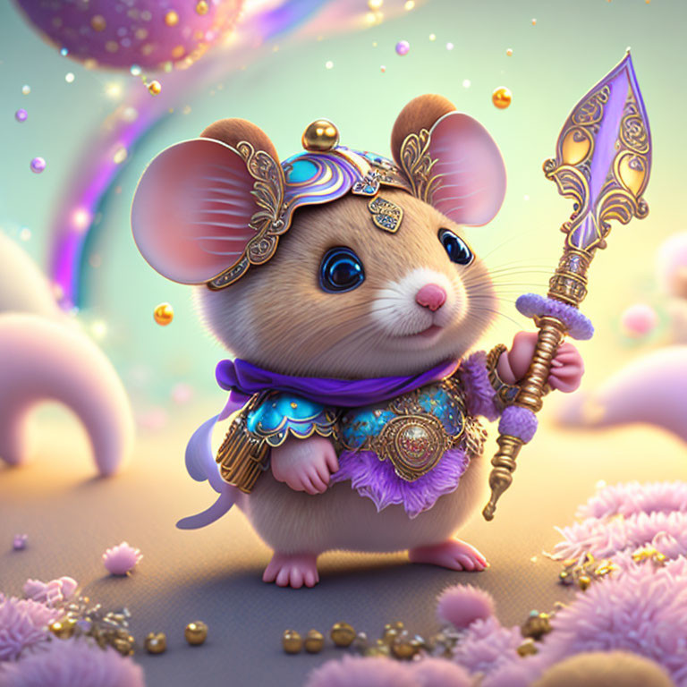 Fantasy armor-clad mouse with spear in magical setting